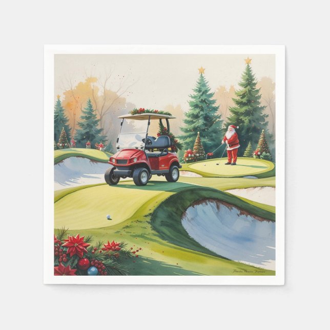 Golf Christmas themed with golf cart on green  Napkin (Front)