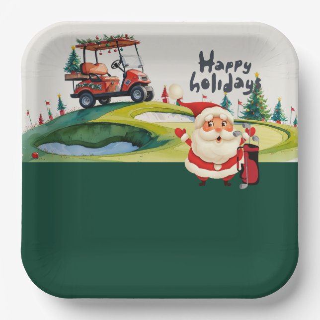 Golf Christmas themed with Santa Claus golfing  Paper Plate (Front)
