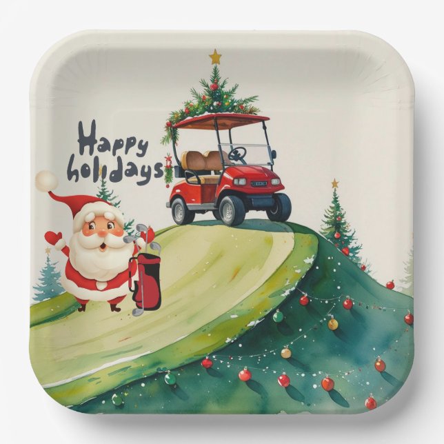 Golf Christmas themed with Santa Claus golfing  Paper Plate (Front)