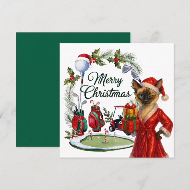 Golf Christmas themed with Siamese Cat Golfer  Holiday Card (Front/Back)