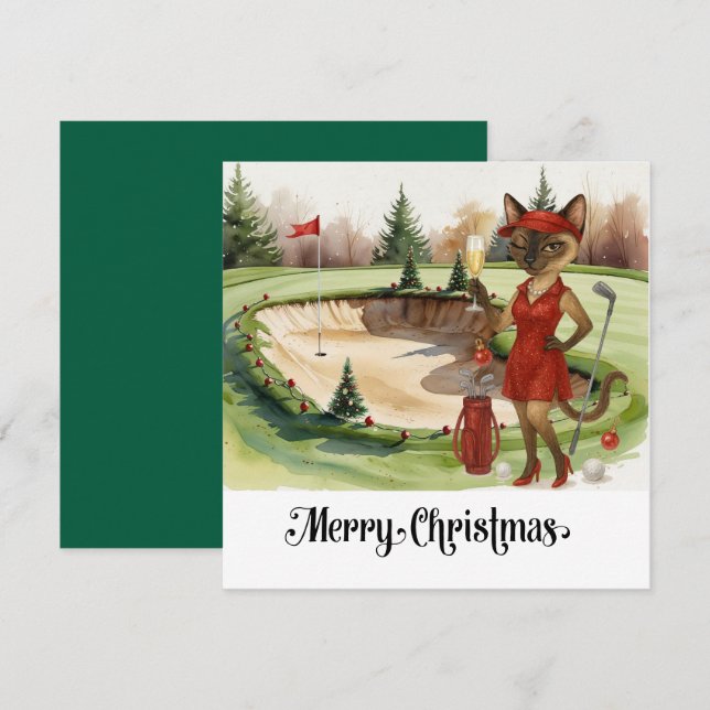 Golf Christmas themed with Siamese Cat Golfer  Holiday Card (Front/Back)