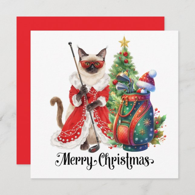 Golf Christmas themed with Siamese Cat Golfer  Holiday Card (Front/Back)