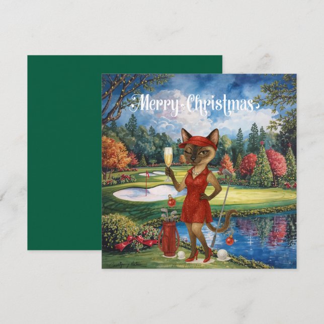 Golf Christmas themed with Siamese Cat Golfer  Holiday Card (Front/Back)