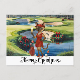 Golf Christmas themed with Siamese Cat Golfer Holiday Postcard