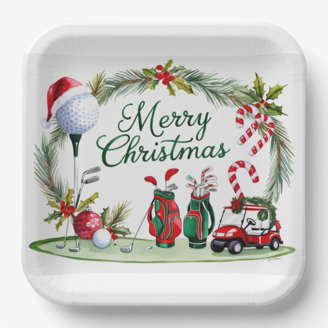 Golf Christmas tree golf balls and Santa Hat  Paper Plate (Front)