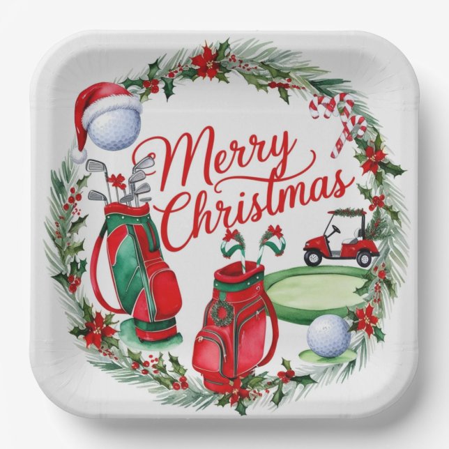 Golf Christmas tree golf balls and Santa Hat  Paper Plate (Front)