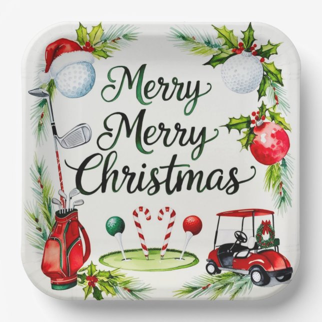 Golf Christmas tree golf balls and Santa Hat  Paper Plate (Front)