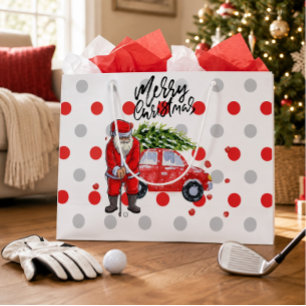 Golf Christmas tree on red car with Santa Claus Large Gift Bag