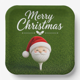 Golf Christmas with ball and Santa hat on green Paper Plate