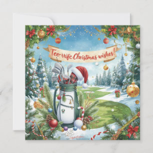 Golf Christmas with Golf bag on green Holiday Card