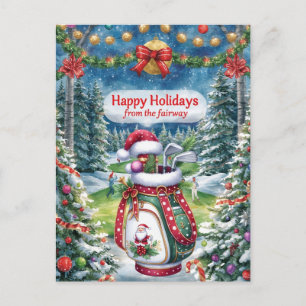 Golf Christmas with Golf bag on green Holiday Postcard