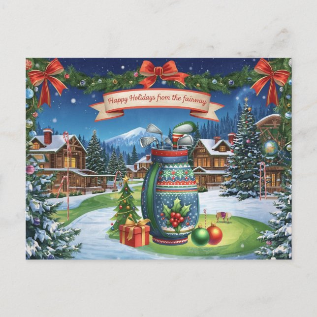 Golf Christmas with Golf bag on green Postcard (Front)