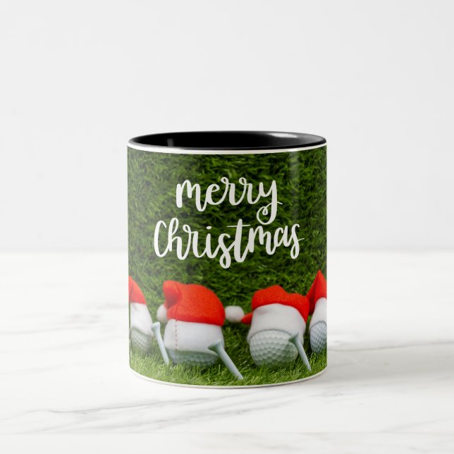 Golf Christmas with golf ball and Christmas Hat Co Two-Tone Coffee Mug (Center)