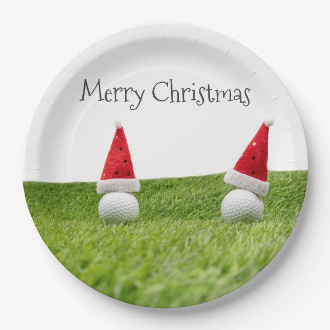 Golf Christmas with golf ball and Santa hat Paper Plate (Front)