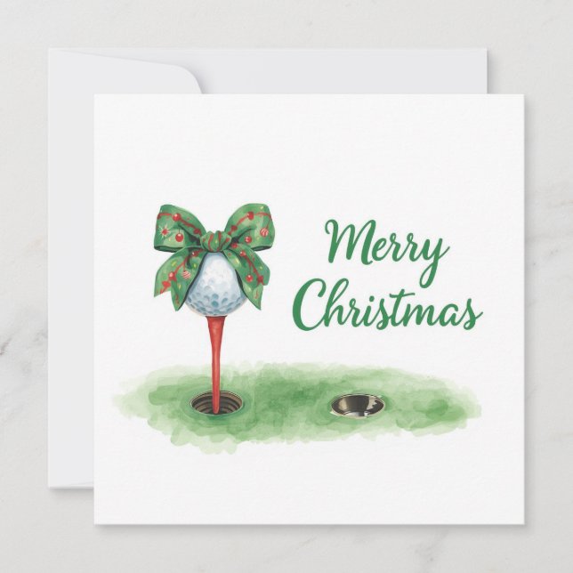 Golf Christmas with golf ball and tee with ribbon Holiday Card (Front)