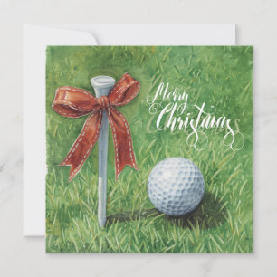 Golf Christmas with golf ball and tee with ribbon Holiday Card