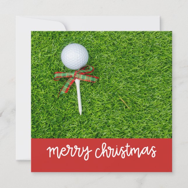 Golf Christmas with golf ball and tee with ribbon  Holiday Card (Front)