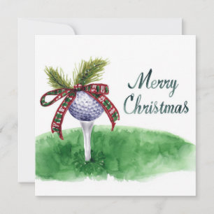 Golf Christmas with golf ball and tee with ribbon Holiday Card