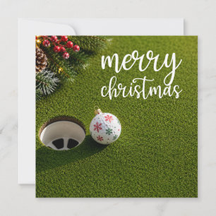 Golf Christmas with golf ball on green grass Holiday Card
