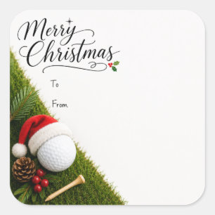 Golf Christmas with golf ball santa hat on green Square Sticker