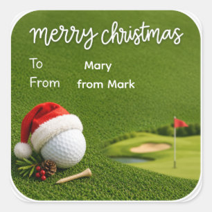 Golf Christmas with golf ball santa hat on green Square Sticker