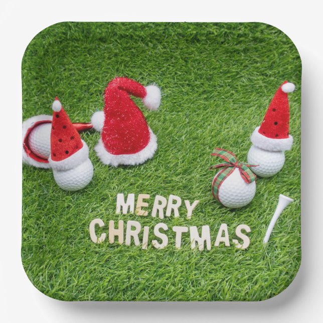 Golf Christmas with golf balls  and Santa hat  Paper Plate (Front)
