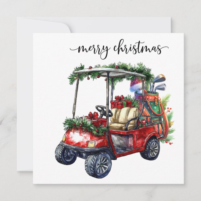 Golf Christmas with Golf cart and golf bag  Holiday Card (Front)