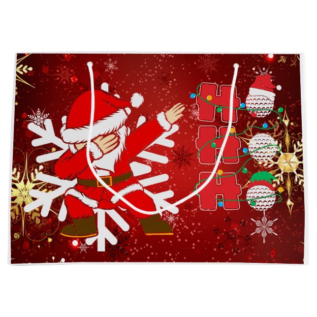 Golf Christmas with Red Background Gold Snowflake  Large Gift Bag (Front)