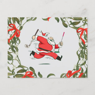 Golf Christmas with running Santa Claus golfing Postcard