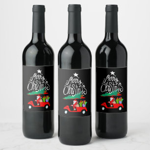 Golf Christmas with Santa Claus and Golf cart Wine Label