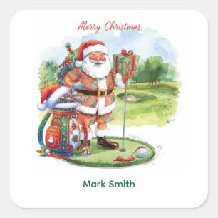 Golf Christmas with Santa Claus at golf course Square Sticker