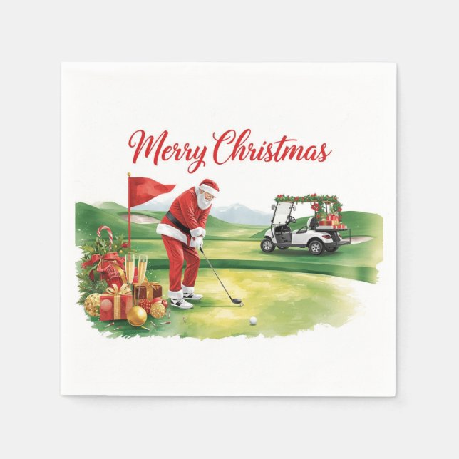 Golf Christmas with Santa Claus golfing Napkin (Front)