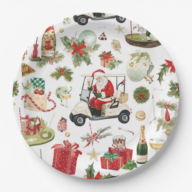 Golf Christmas with Santa Claus golfing Paper Plate (Front)
