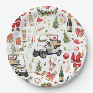 Golf Christmas with Santa Claus golfing Paper Plate