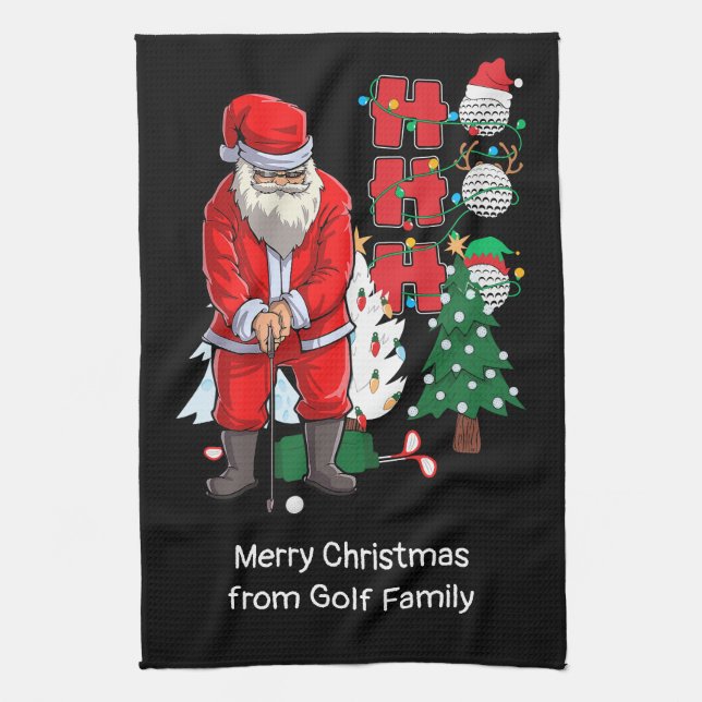 Golf Christmas with Santa Claus golfing  Tea Towel (Vertical)