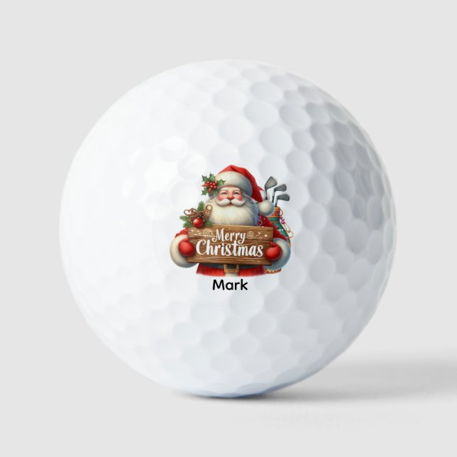 Golf Christmas with Santa Claus holding gift Name Golf Balls (Front)