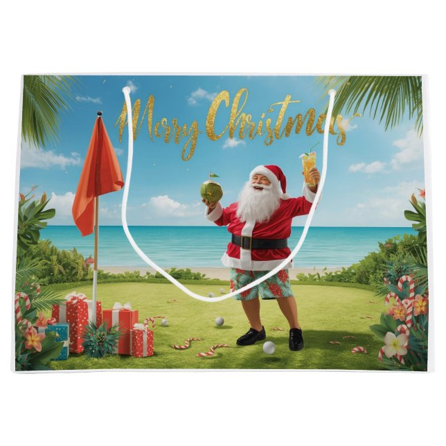 Golf Christmas with Santa Claus in Hawaii Large Gift Bag (Front)