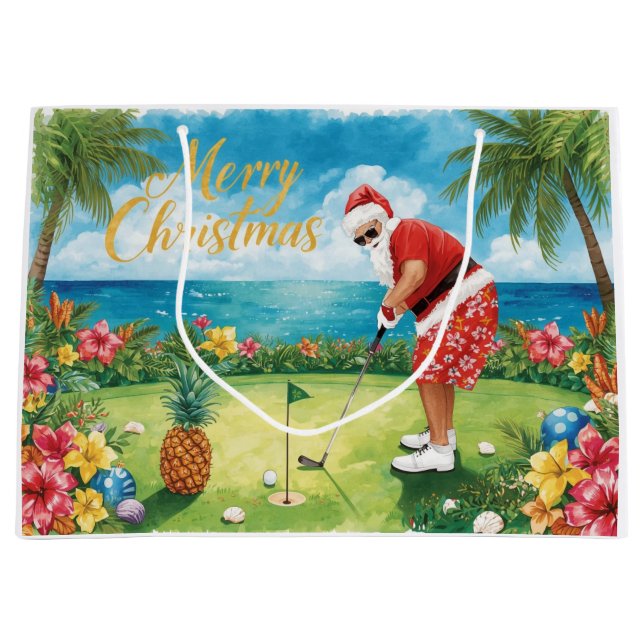 Golf Christmas with Santa Claus in Hawaii Large Gift Bag (Front)