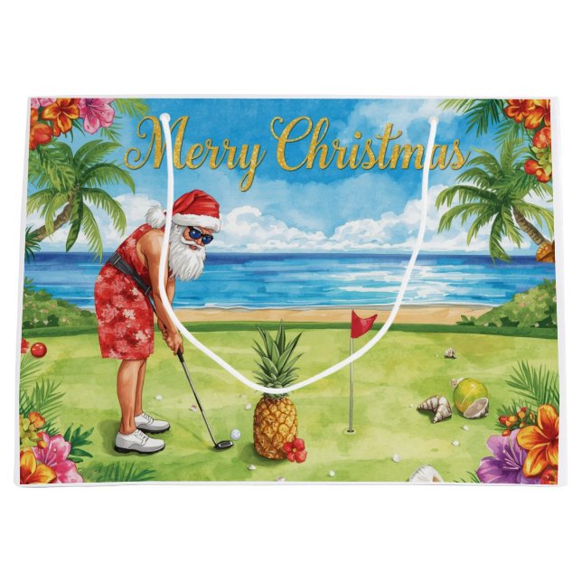 Golf Christmas with Santa Claus in Hawaii Large Gift Bag (Front)