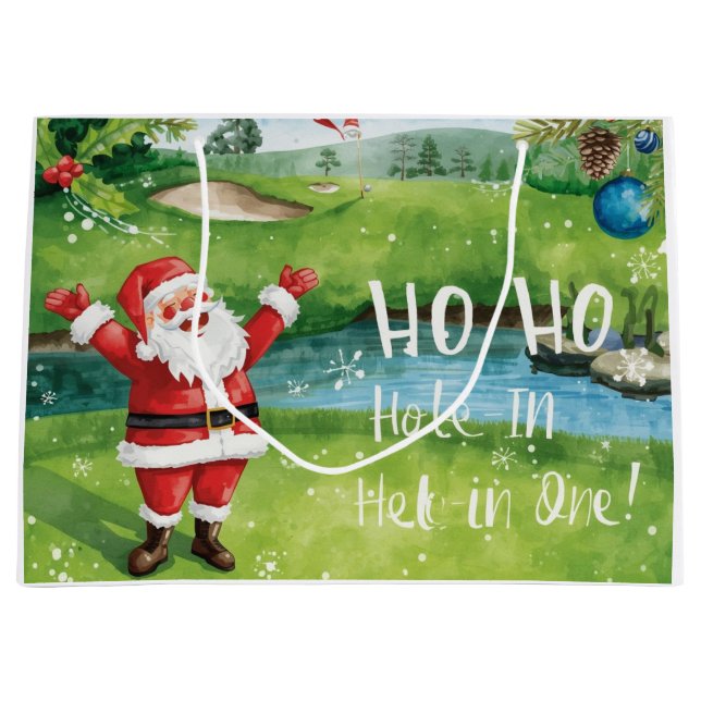 Golf Christmas with Santa Claus with funny text  Large Gift Bag (Front)