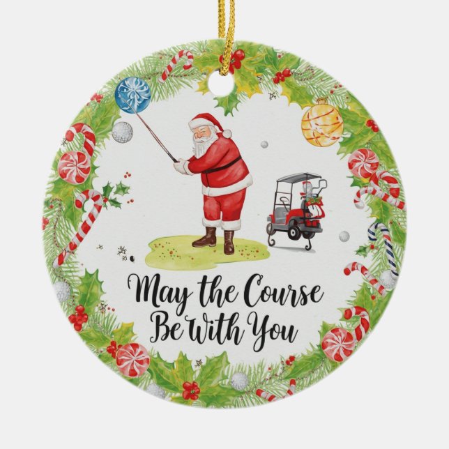 Golf Christmas with Santa Golfer on golf course  Ceramic Tree Decoration (Front)
