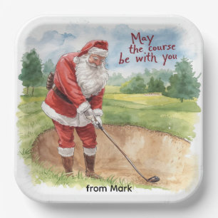Golf Christmas with Santa Golfer on golf course Paper Plate