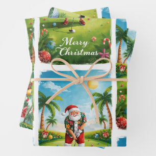 Golf Christmas with Santa in Hawaii Shirt Wrapping Paper Sheet