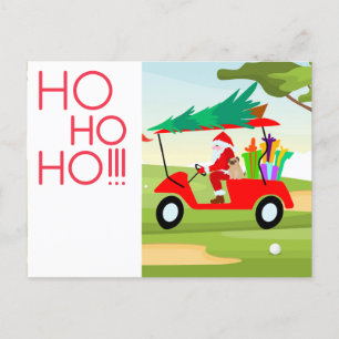 Golf Christmas with Santa ride golf cart with tree Holiday Postcard