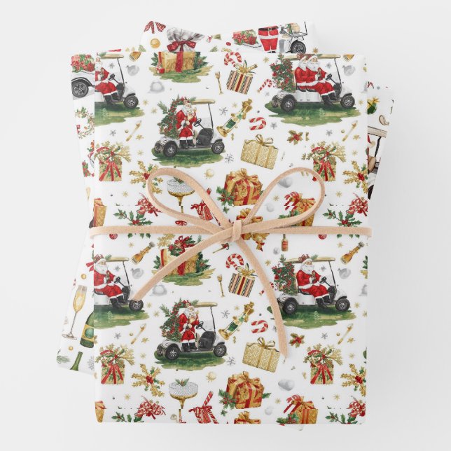 Golf Christmas with Santa riding golf cart Wrapping Paper Sheet (In situ)