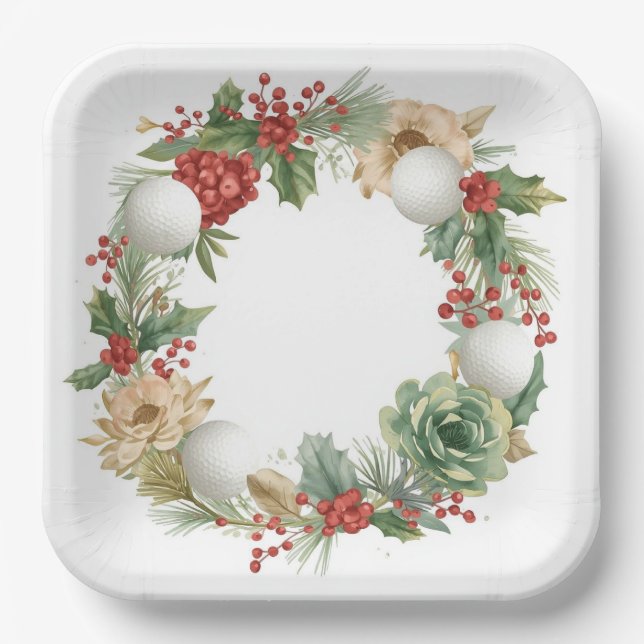 Golf Christmas Wreath with Golf Ball Wreath  Paper Plate (Front)