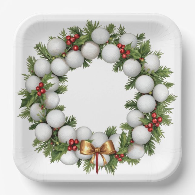 Golf Christmas Wreath with Golf Ball Wreath  Paper Plate (Front)