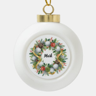 Golf Christmas Wreath with Golfer Name Ceramic Ball Christmas Ornament