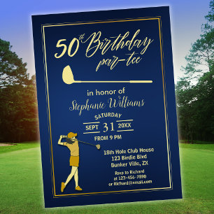 Golf Classic Blue Golden Woman 50th Birthday  Invitation