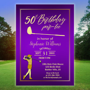 Golf Classic Purple Golden Woman's 50th Birthday Invitation